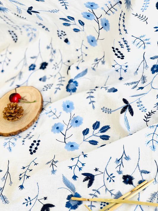 Embroidered Linen Blue Garden