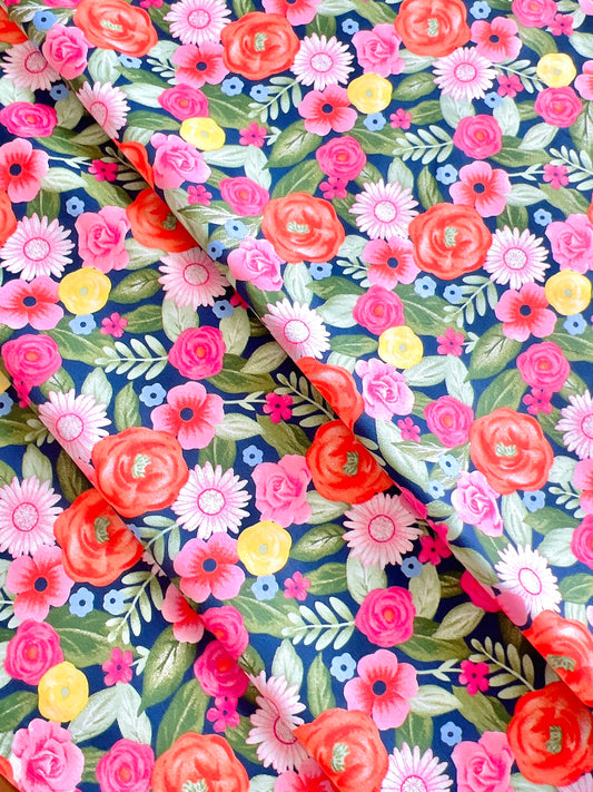 Cotton Twill Navy Flowers