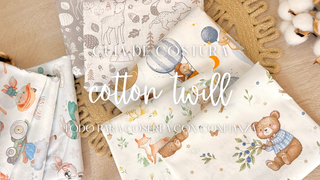 Guía de costura de la tela Cotton Twill con recomendaciones de agujas, hilos, puntadas y técnicas de confección.
