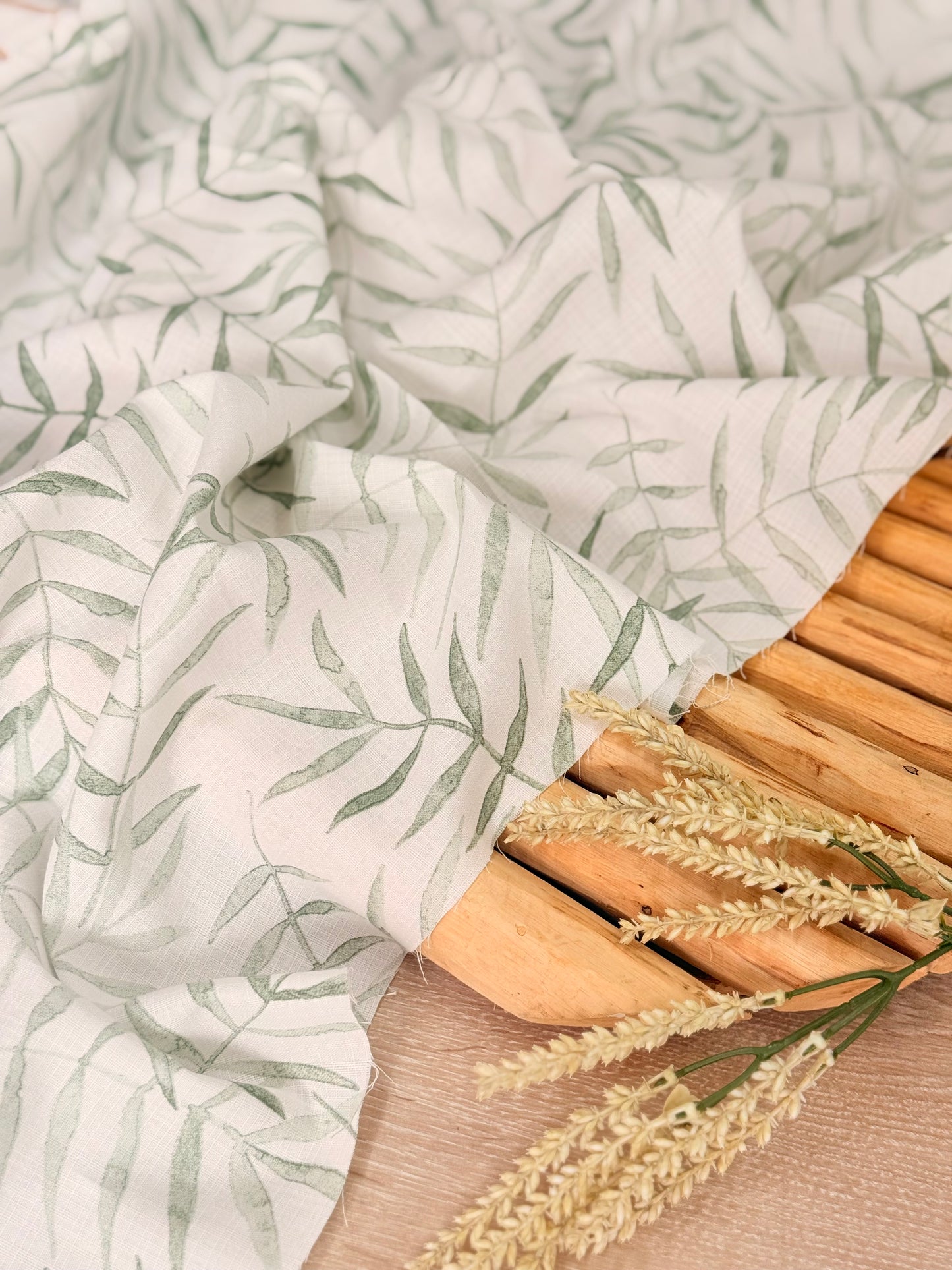 Printed Linen Slub Willow Leaves