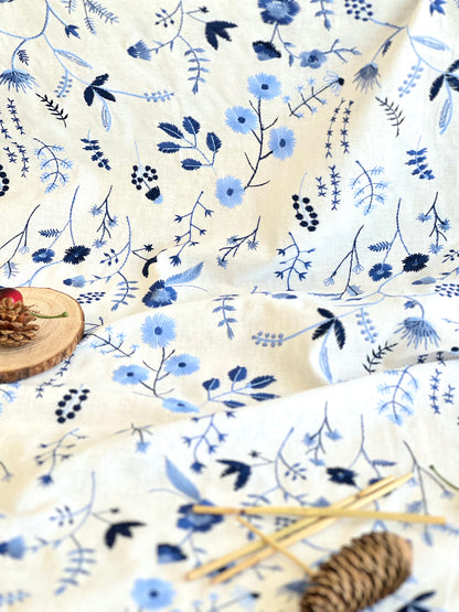 Embroidered Linen Blue Garden